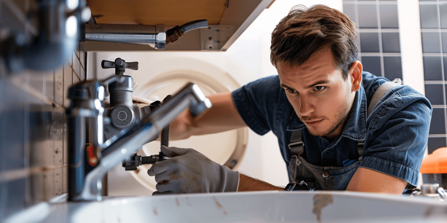 Picture of a plumber fixing a kitchen sink 